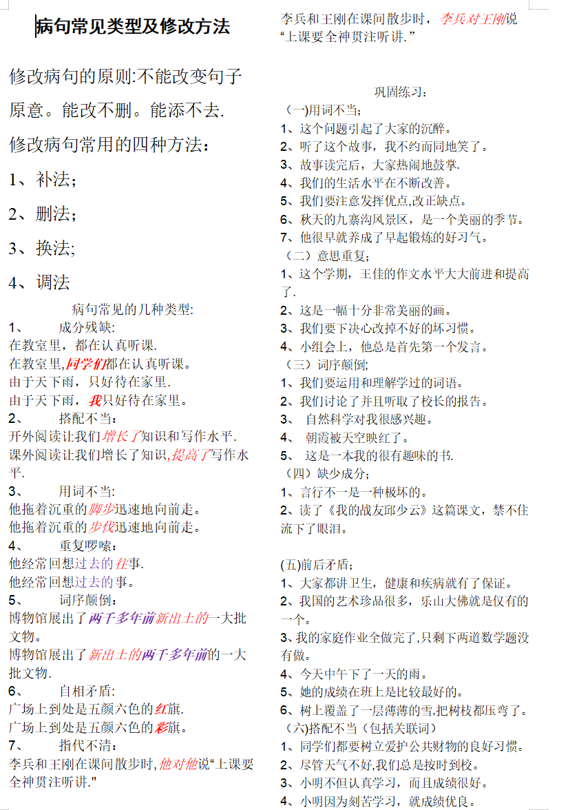 小學語文修改病句專項練習合集 含答案解析